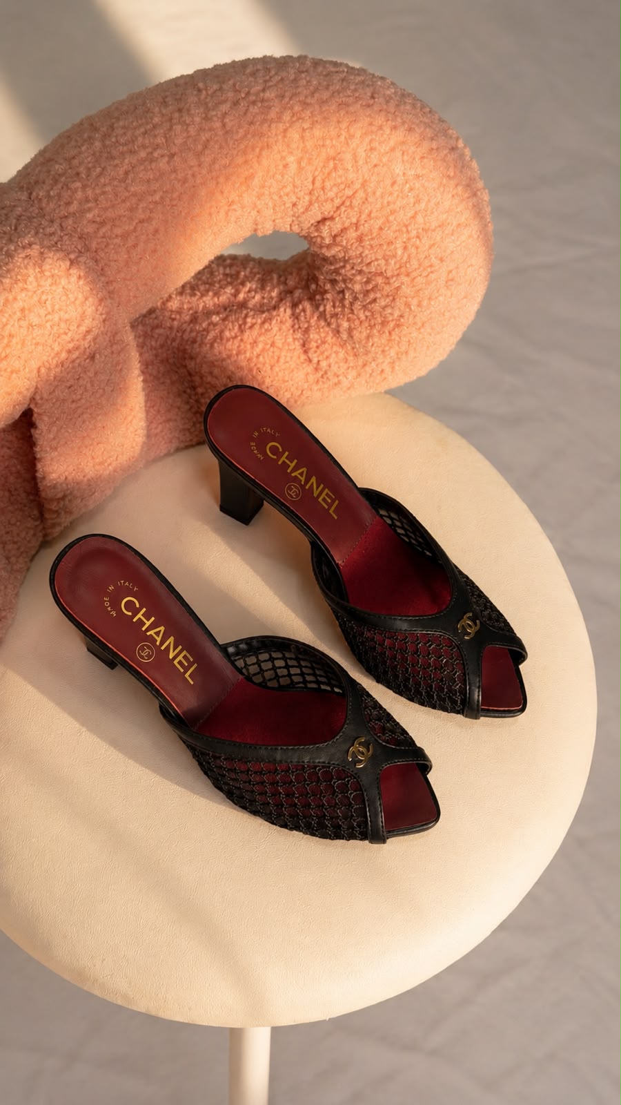 Chanel Two-Tone Mesh Peep-Toe Mules